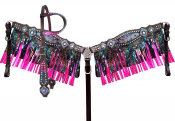 Showman Rainbow Inlay metallic with pink metallic accent one ear headstall and breast collar set